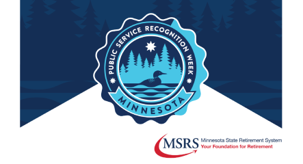 State of Minnesota Public Service Recognition Week badge with a loon, north star, water, and trees.